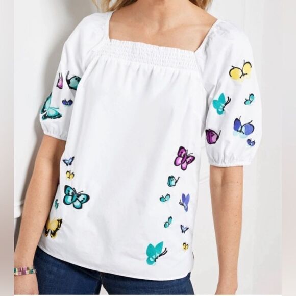 Talbots Embroidered Poplin Top - Scattered Butterfly - Picture 1 of 5